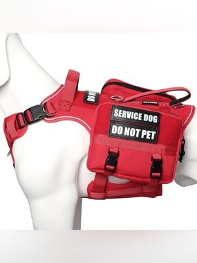 Service Dog Harness Red Large L Tactical Vest 2 Pouches Patches Hiking Training